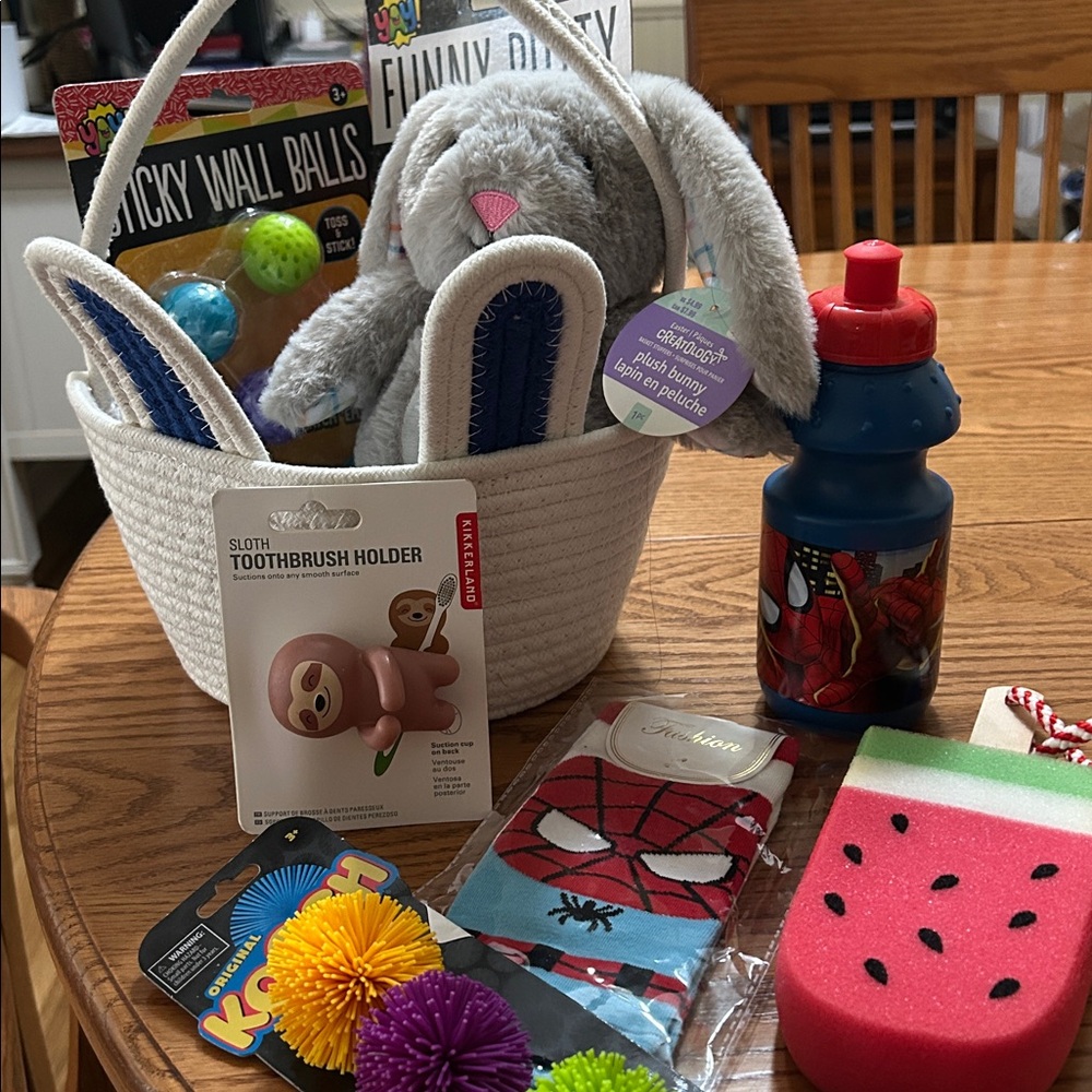 Plush Gray Bunny Gift Basket with Assorted Toys